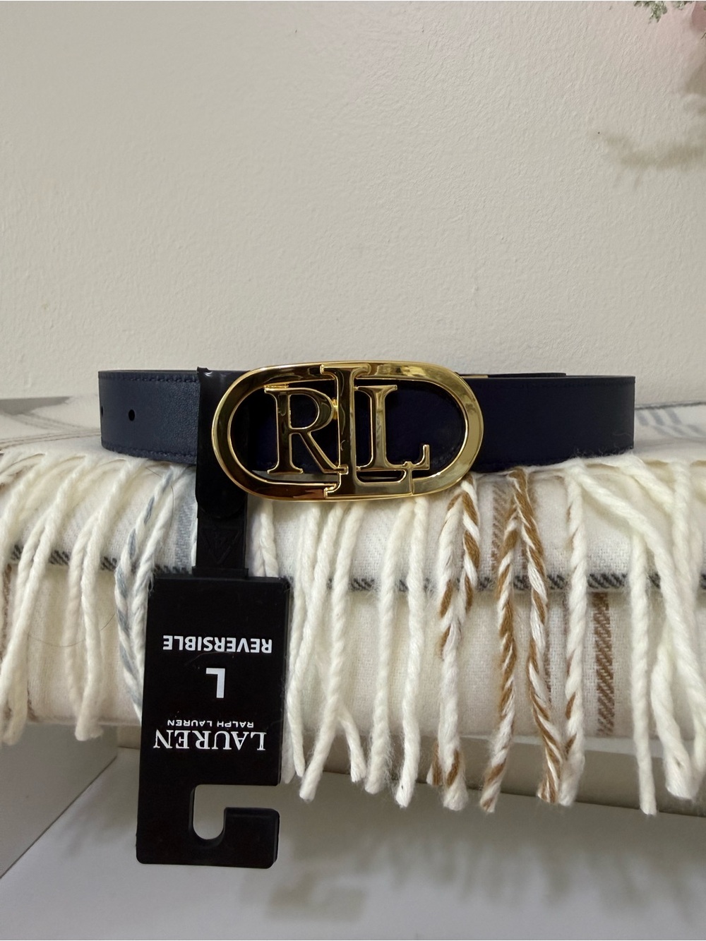 Lauren Ralph Lauren Navy to Azure Blue Reversible Leather Belt with Gold Buckle